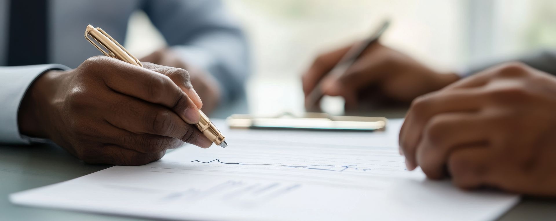 Close-up of hands writing on a document during a professional meeting.