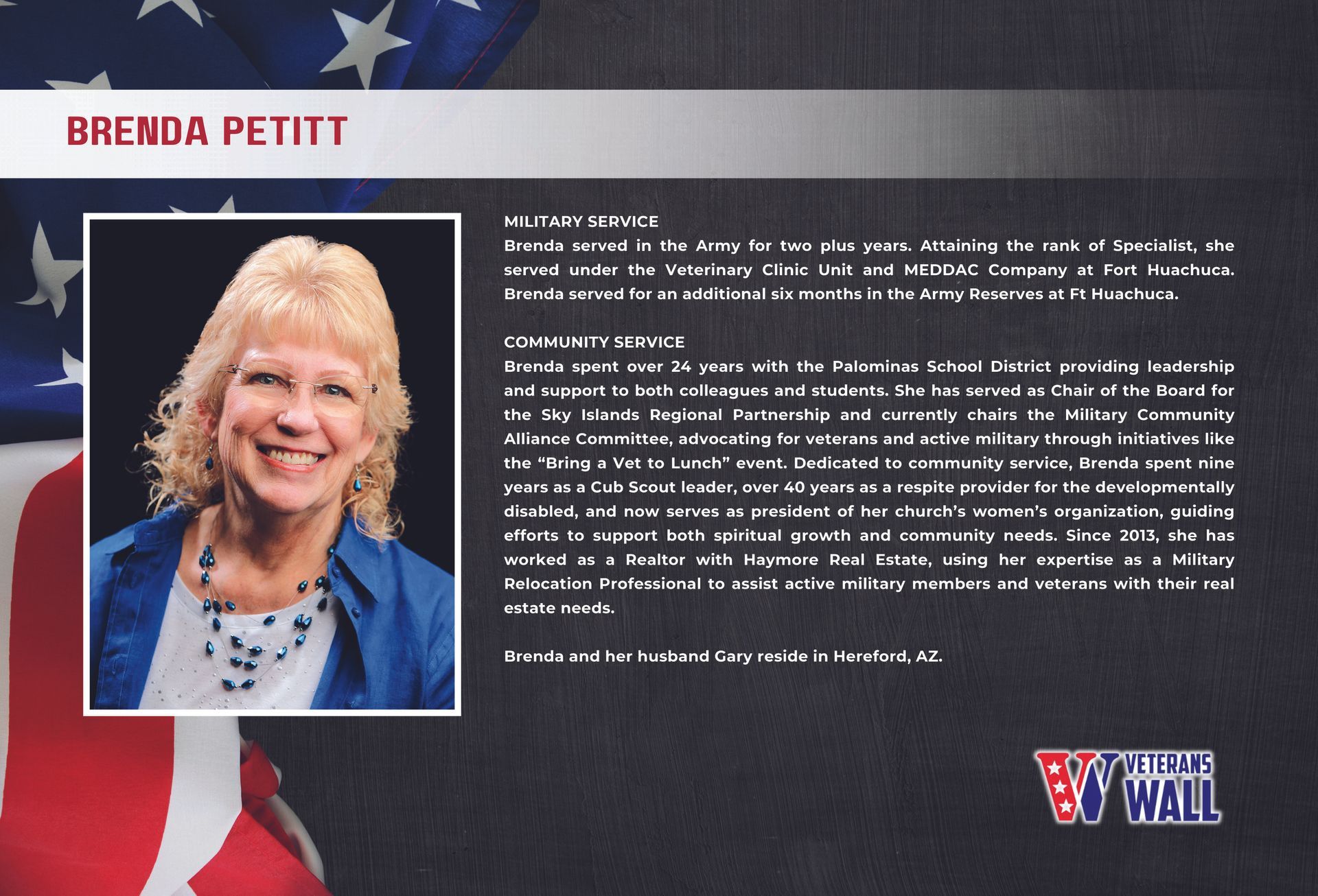 Profile card for Brenda Pettit with portrait, biography text, and Wall logo on an American flag background
