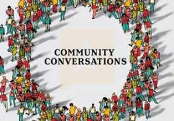 Circle of people around text 