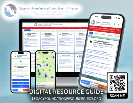 Digital resource guide promo with phones, tablet, and QR code on a blue background
