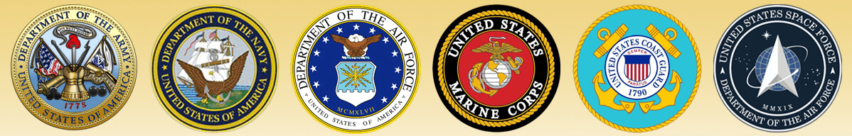 Emblems of the U.S. Army, Navy, Air Force, Marine Corps, Coast Guard, and Space Force.