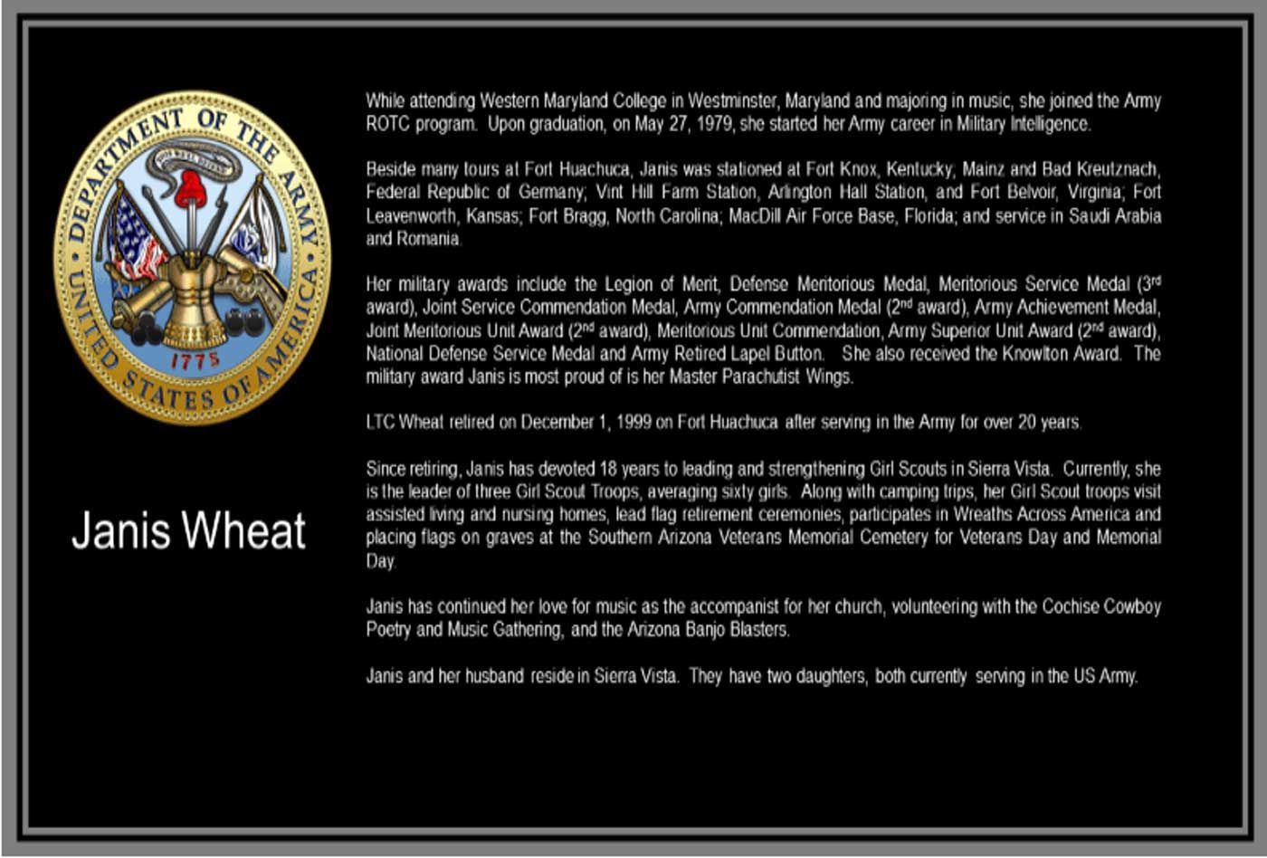 Janis Wheat, in front of a black background. US Army seal on the left, biography on the right.