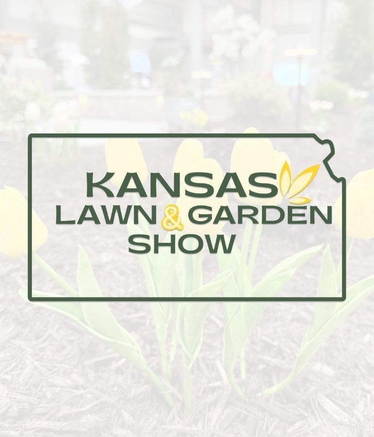 A logo for the kansas lawn and garden show with a picture of flowers in the background.