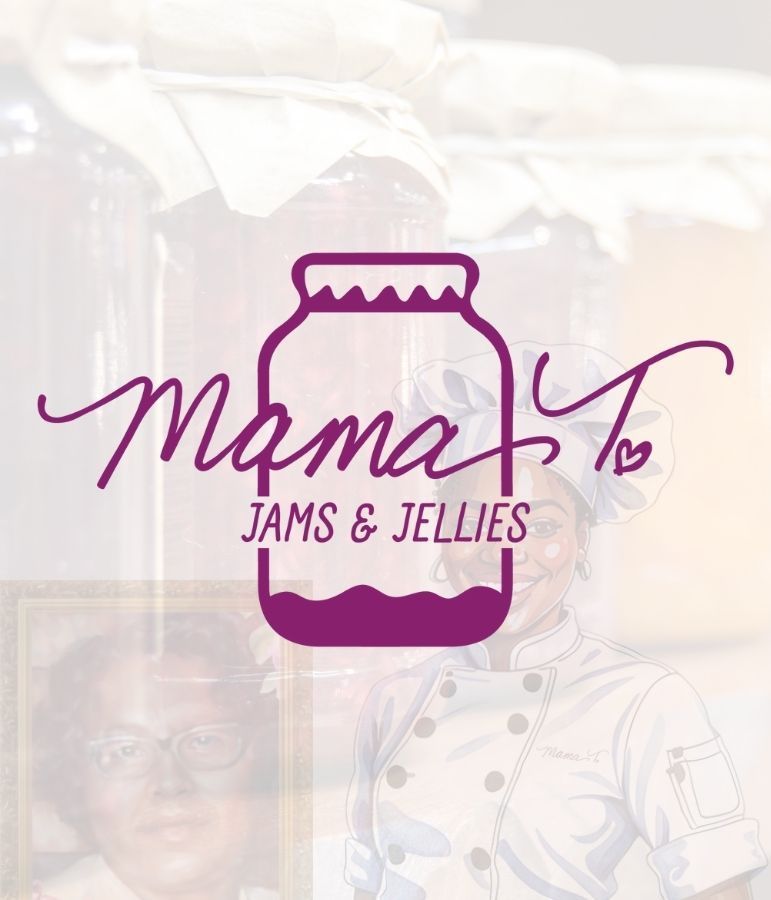 A logo for mama 's jams and jellies with a chef in the background.