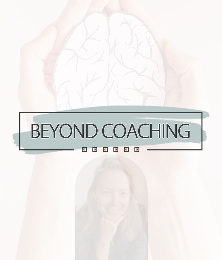A logo for beyond coaching with a picture of a woman and a brain.