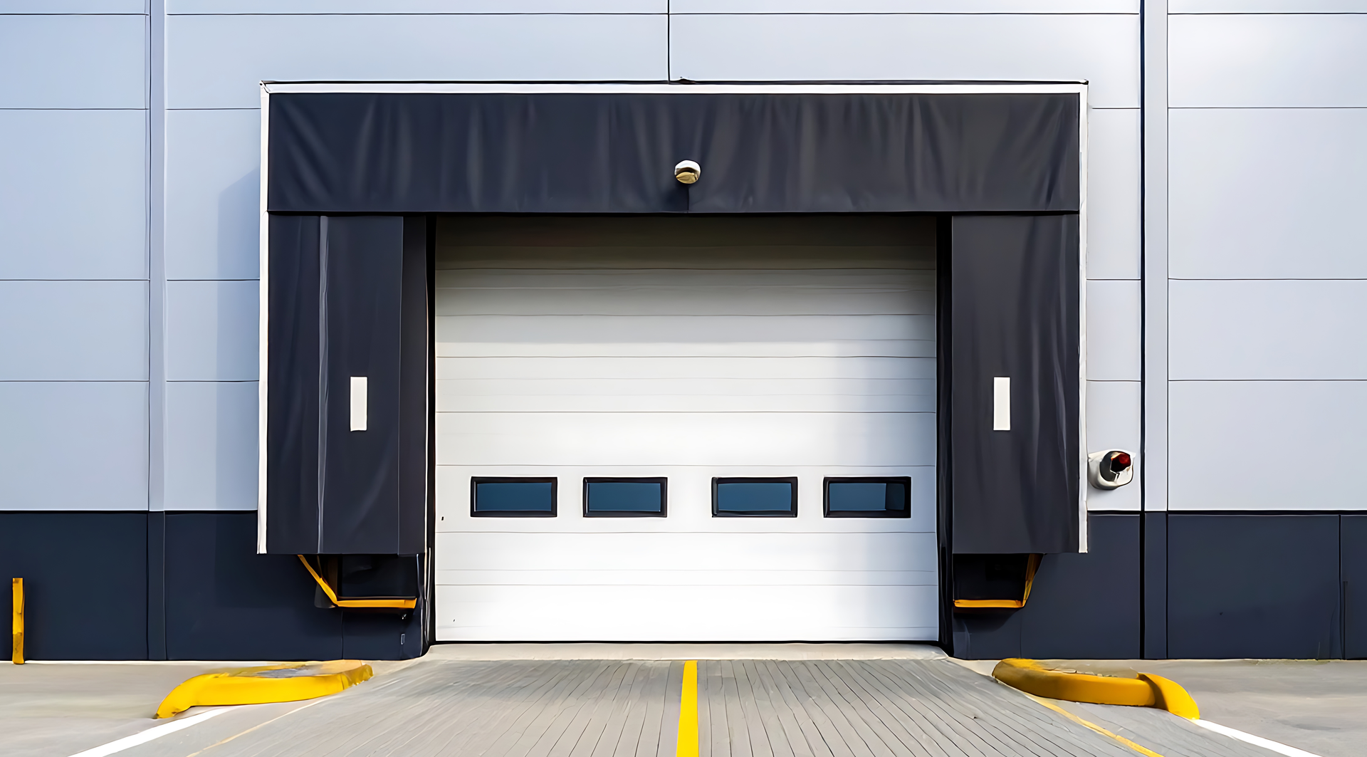Loading dock door on a gray industrial building, with black rubber seals and yellow wheel guides.