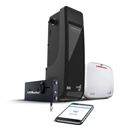 LiftMaster garage door opener system: Motor, remote, wall control, and smartphone displaying app.