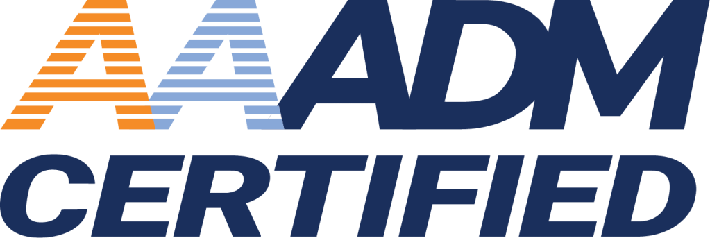 AADM Certified logo in orange and navy blue with bold stylized text