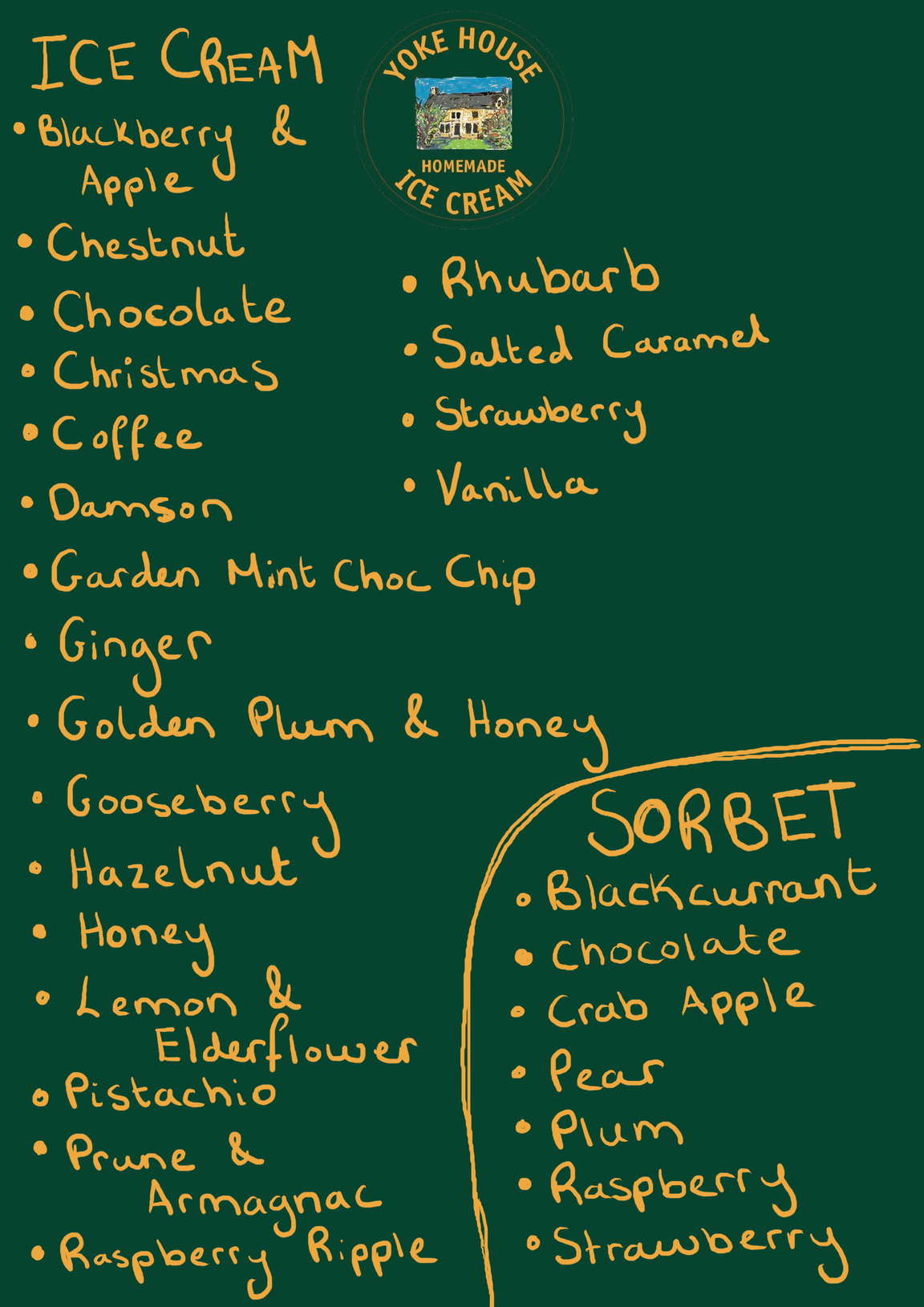 Complete list of flavours for ice cream and sorbet