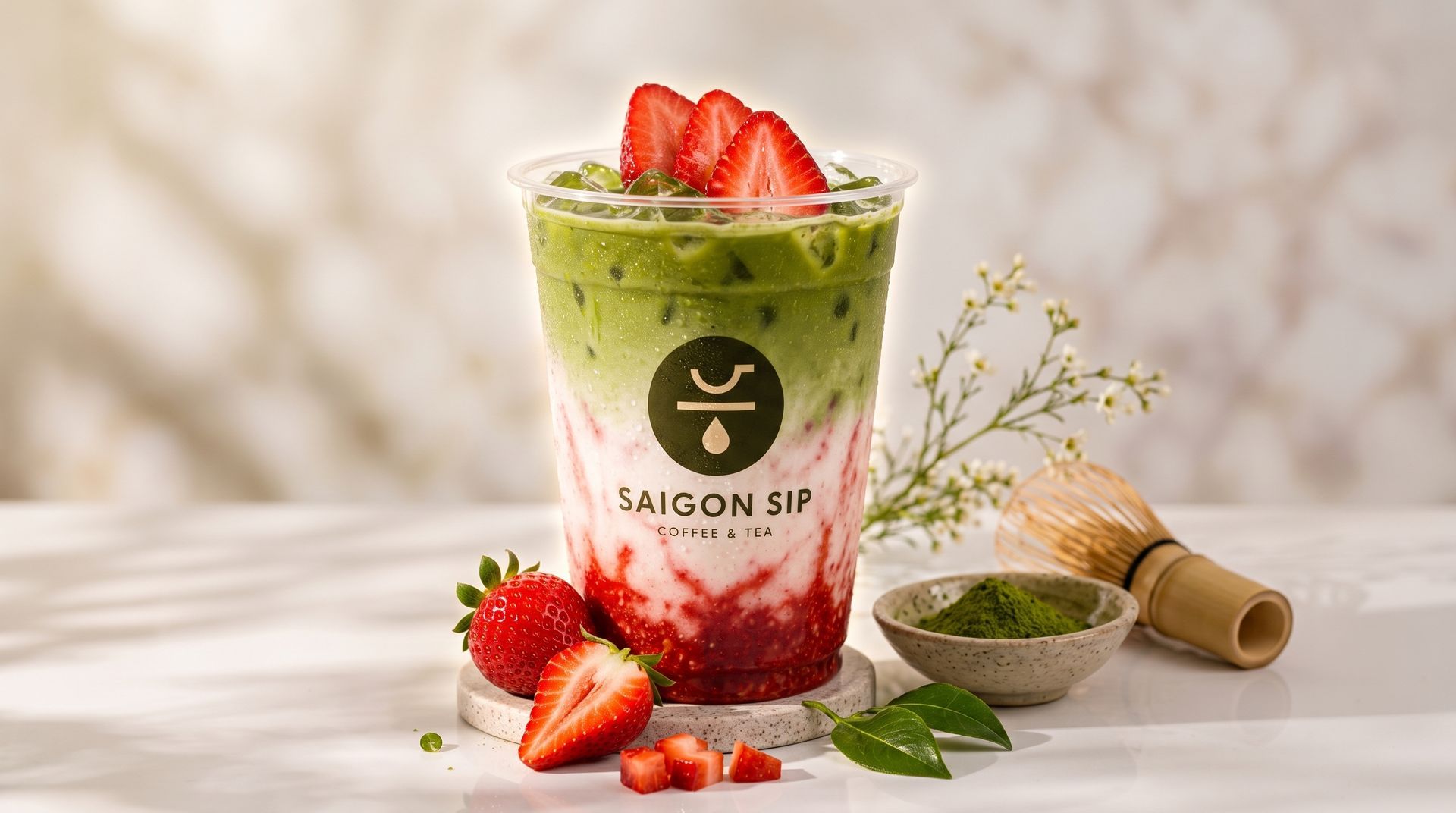 Green strawberry smoothie in a glass with fresh strawberries and mint on a light table, Saigon Sip label on cup