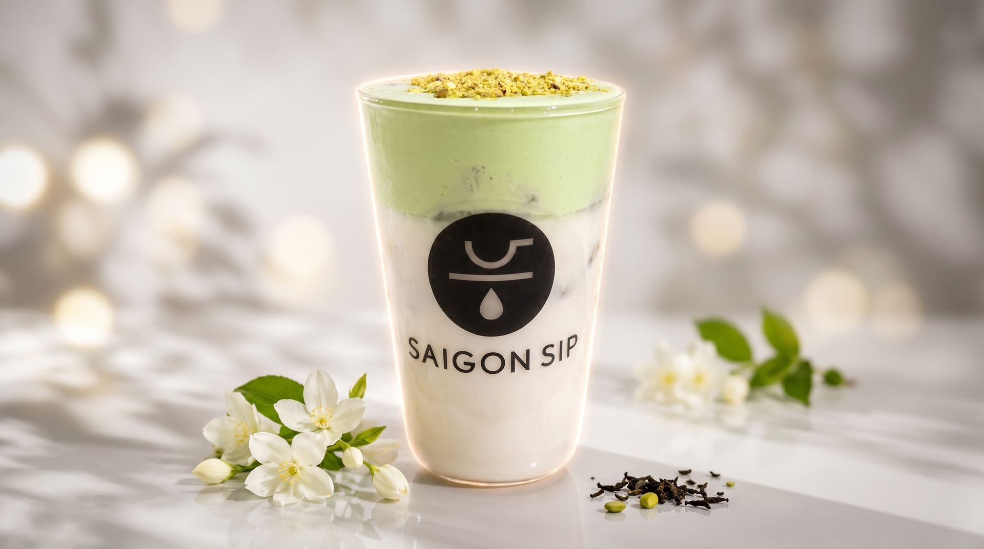 Green layered drink in a clear cup with Saigon Sip logo, topped with foam and crushed nuts, beside white flowers.