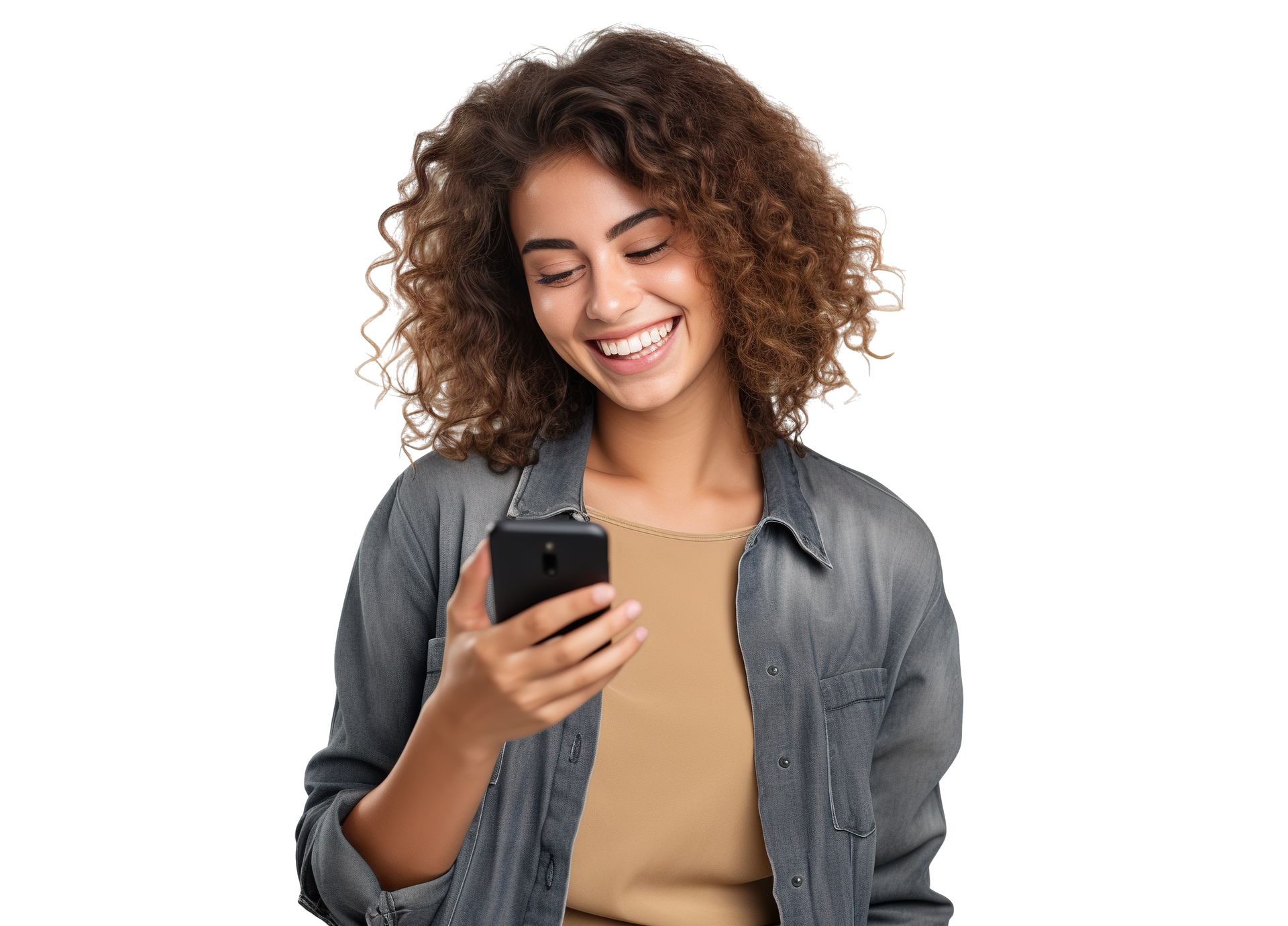 Uma mulher sorri enquanto olha para o celular.