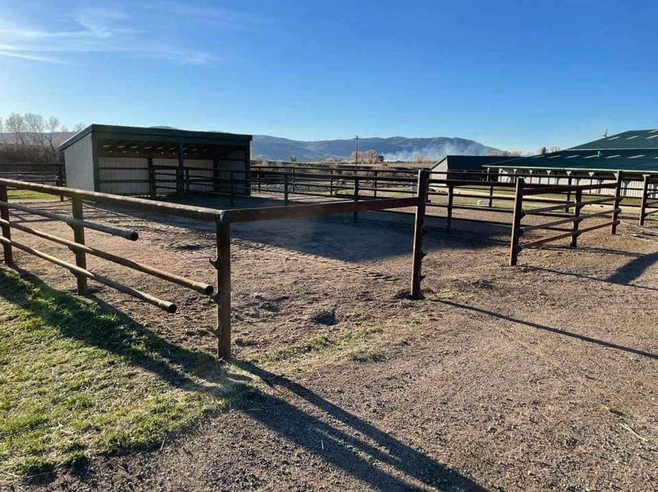 Horse corrals and shelter on a sunny day, with a green lawn and distant mountains.