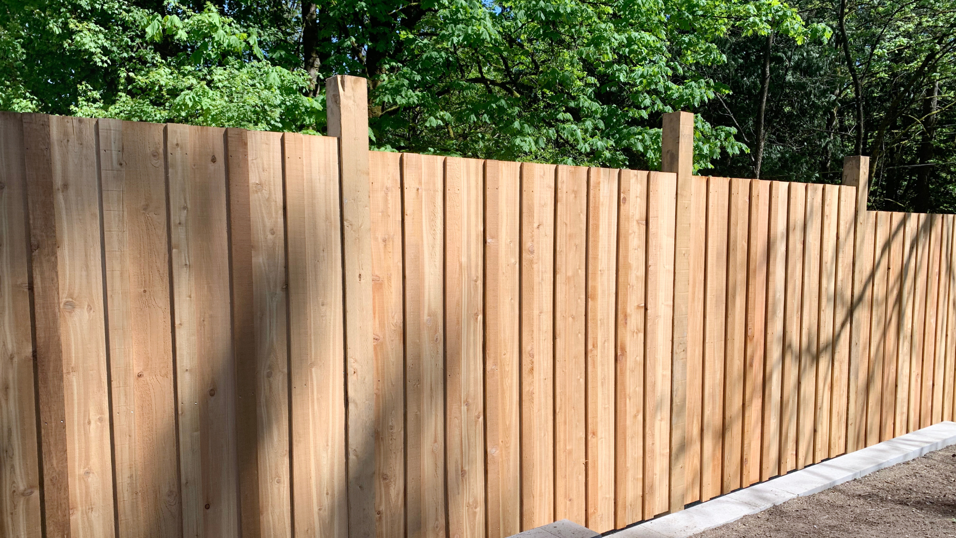 Wooden fence in a row, with green trees in the background.