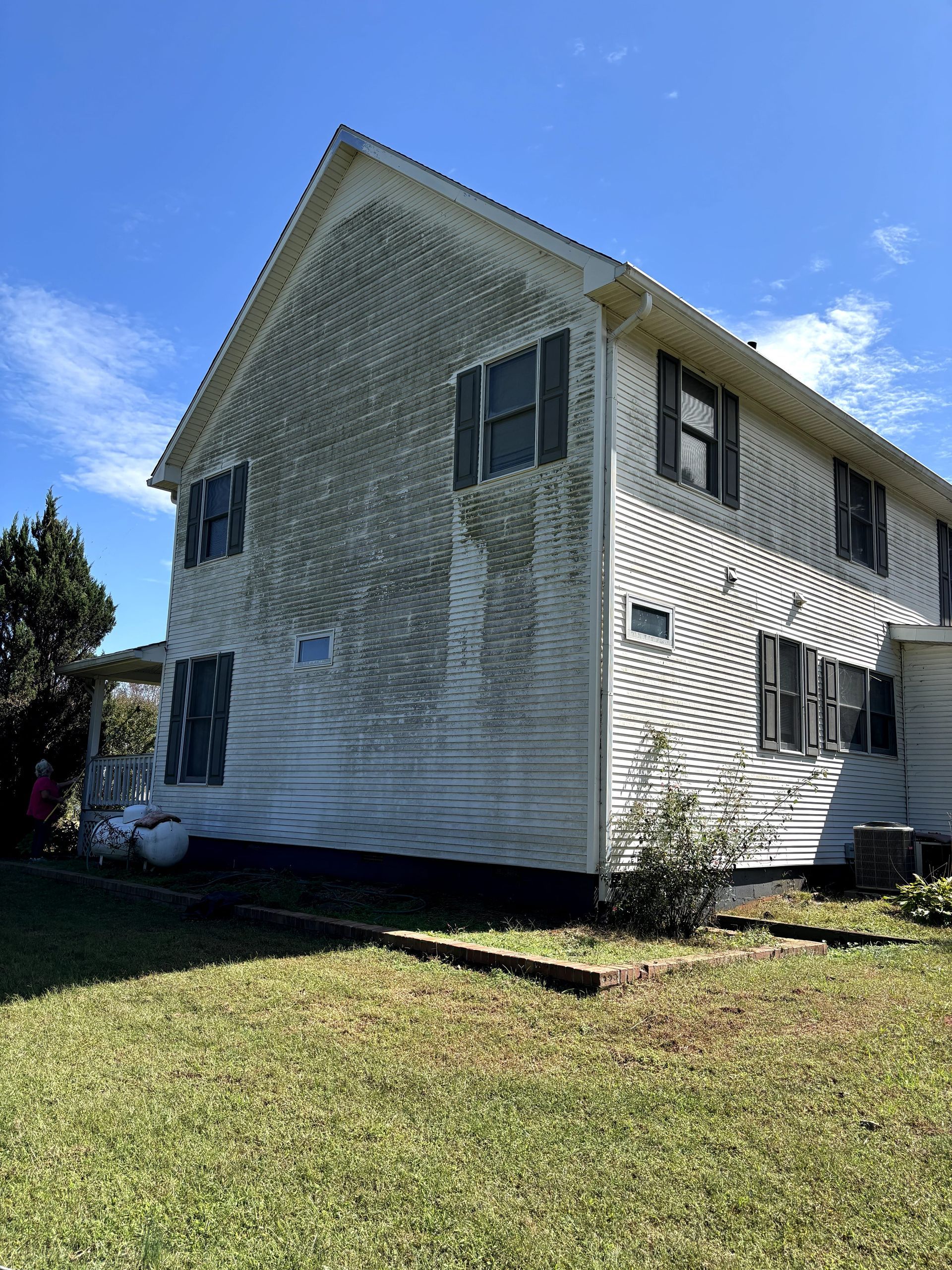 Two-story white house with green algae on siding. Blue sky, green grass.