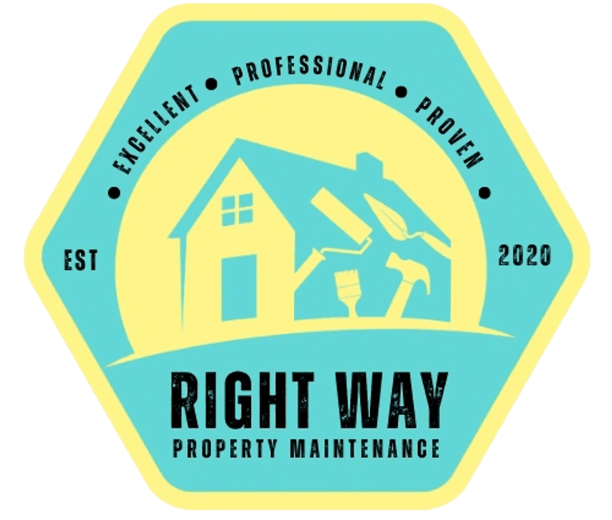 Logo for Right Way Property Maintenance: turquoise and yellow hexagon with a house and tools. Text reads "Excellent Professional Proven".