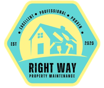 Logo for Right Way Property Maintenance: turquoise and yellow hexagon with a house and tools. Text reads "Excellent Professional Proven".