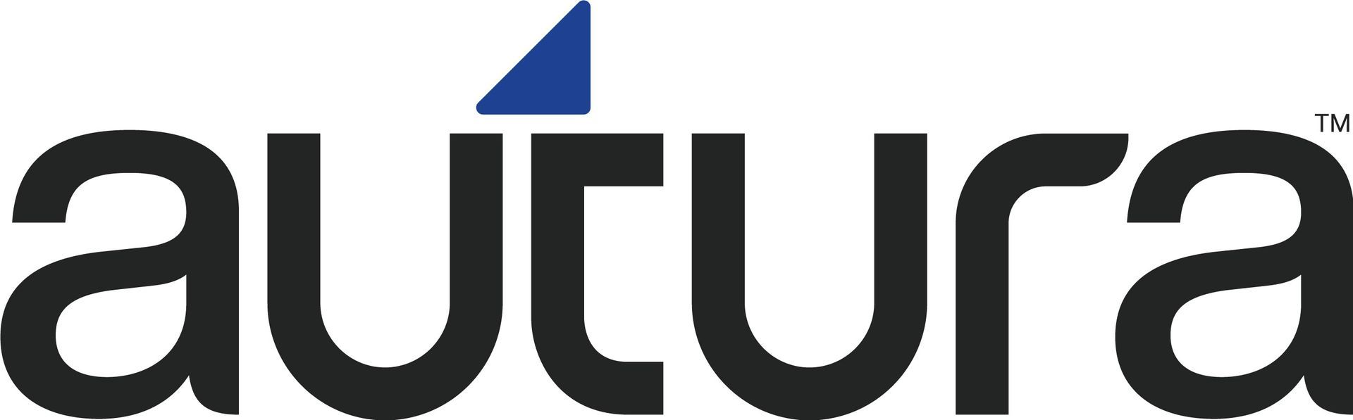 Autura logo in black lowercase text with a blue triangular accent above the “t”