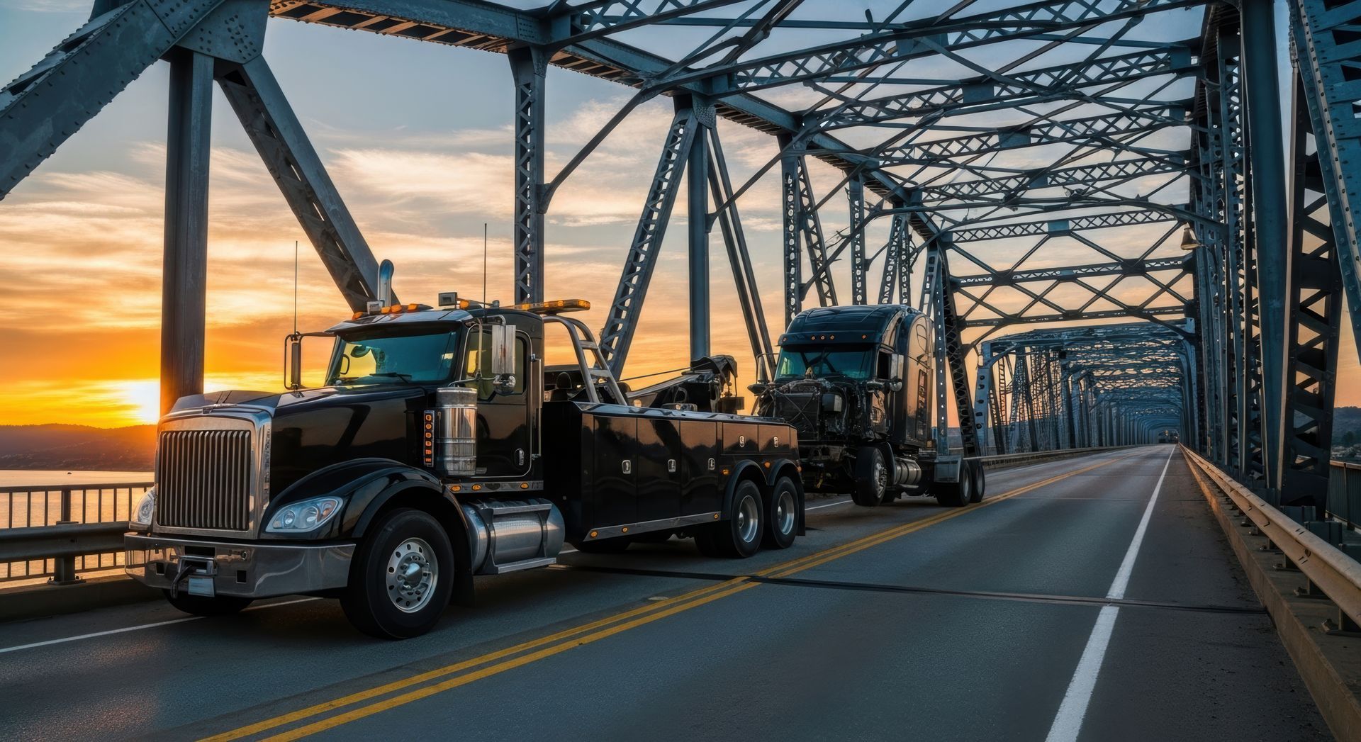 Two trucks hauling equipment across a steel bridge at sunset