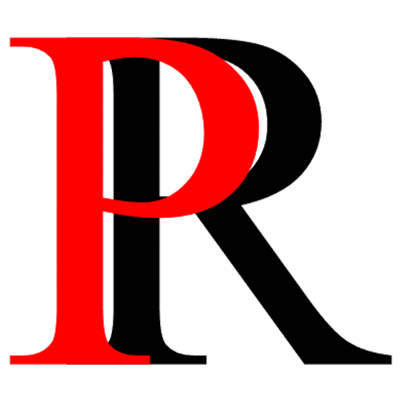 Stylized overlapping red and black letters “P” and “R” on a white background