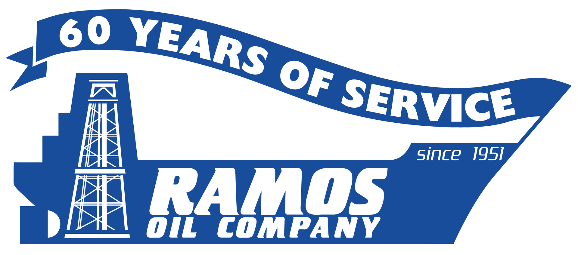 Blue Ramos Oil Company logo with oil rig and text “60 Years of Service” and “Since 1951”