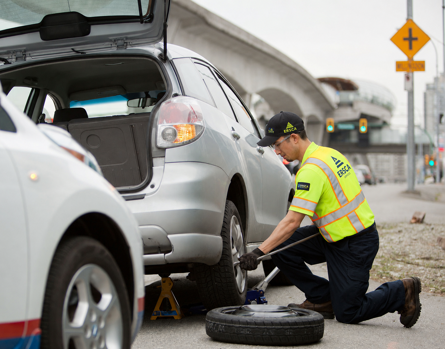 Tow truck worker kneels beside a silver car, changing a flat tire on the roadside.