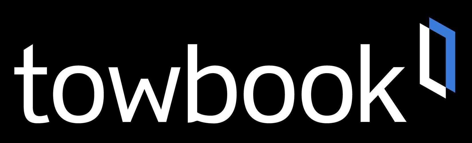 Towbook logo in white lowercase text on a black background with a blue geometric mark