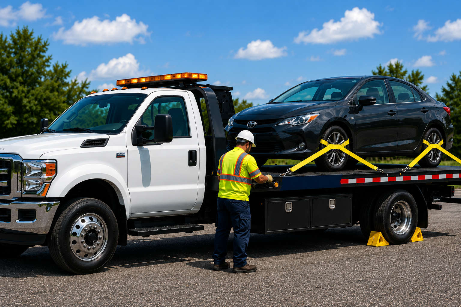 Tow truck loading a black SUV, with a worker in a high-visibility vest on a roadside.