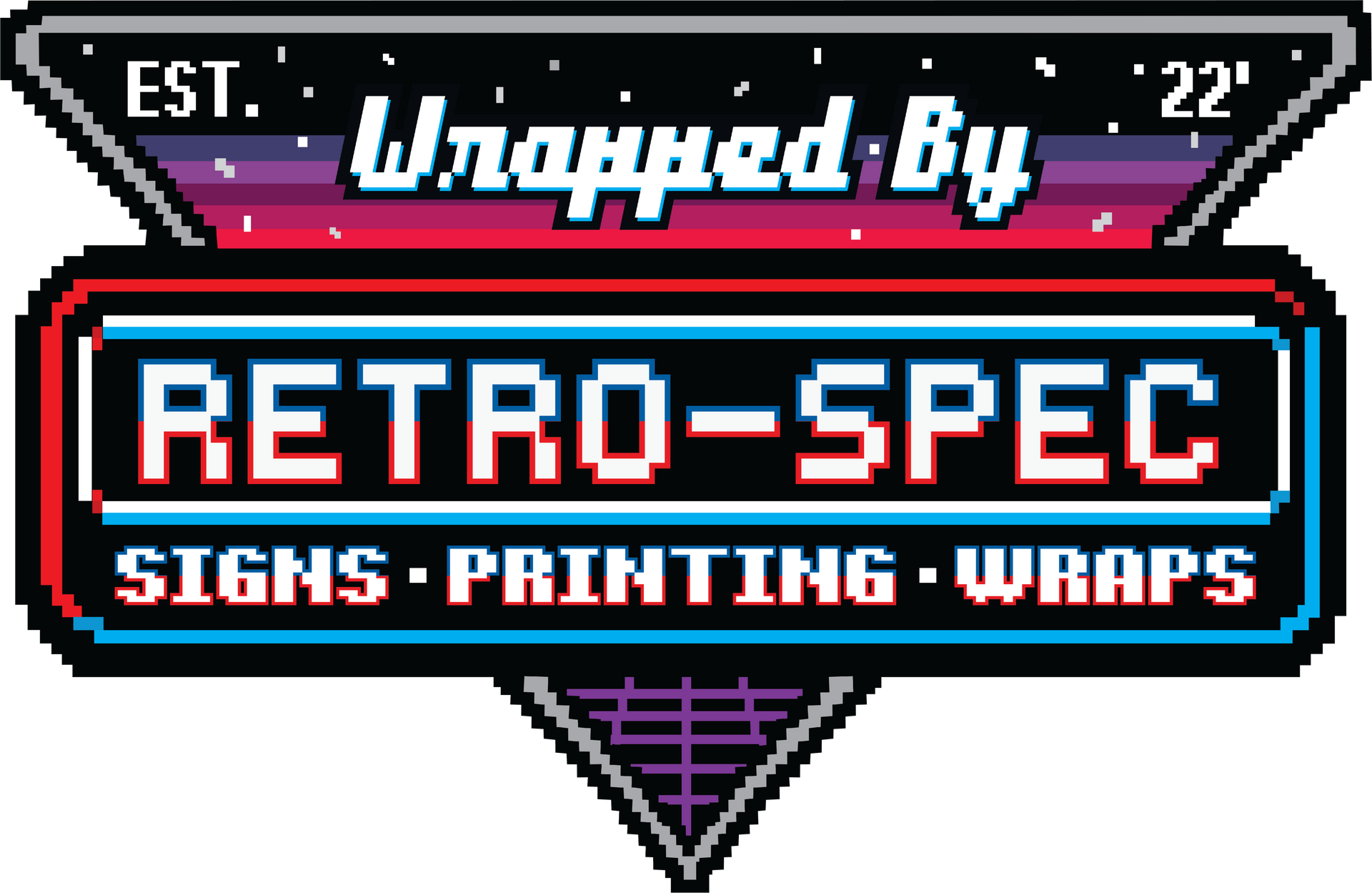 Retro-themed “Retro-Spec” sign logo with neon red, blue, and white text; “Signs • Printing • Wraps” and “Wrapped By” above