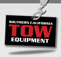 Southern California Tow Equipment logo on a hanging black sign with red and white text