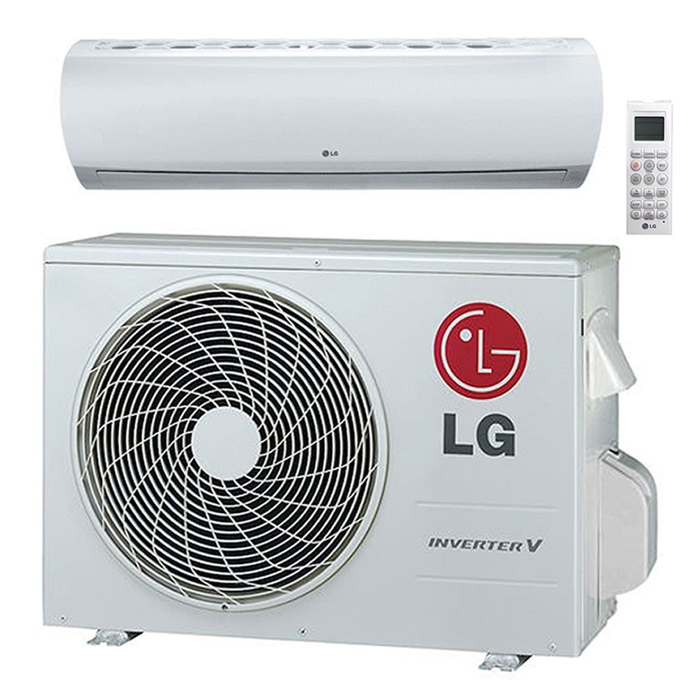 LG split air conditioner system with indoor and outdoor units and remote.