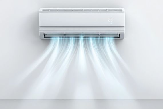 Air conditioning unit blowing cool air onto a white wall.