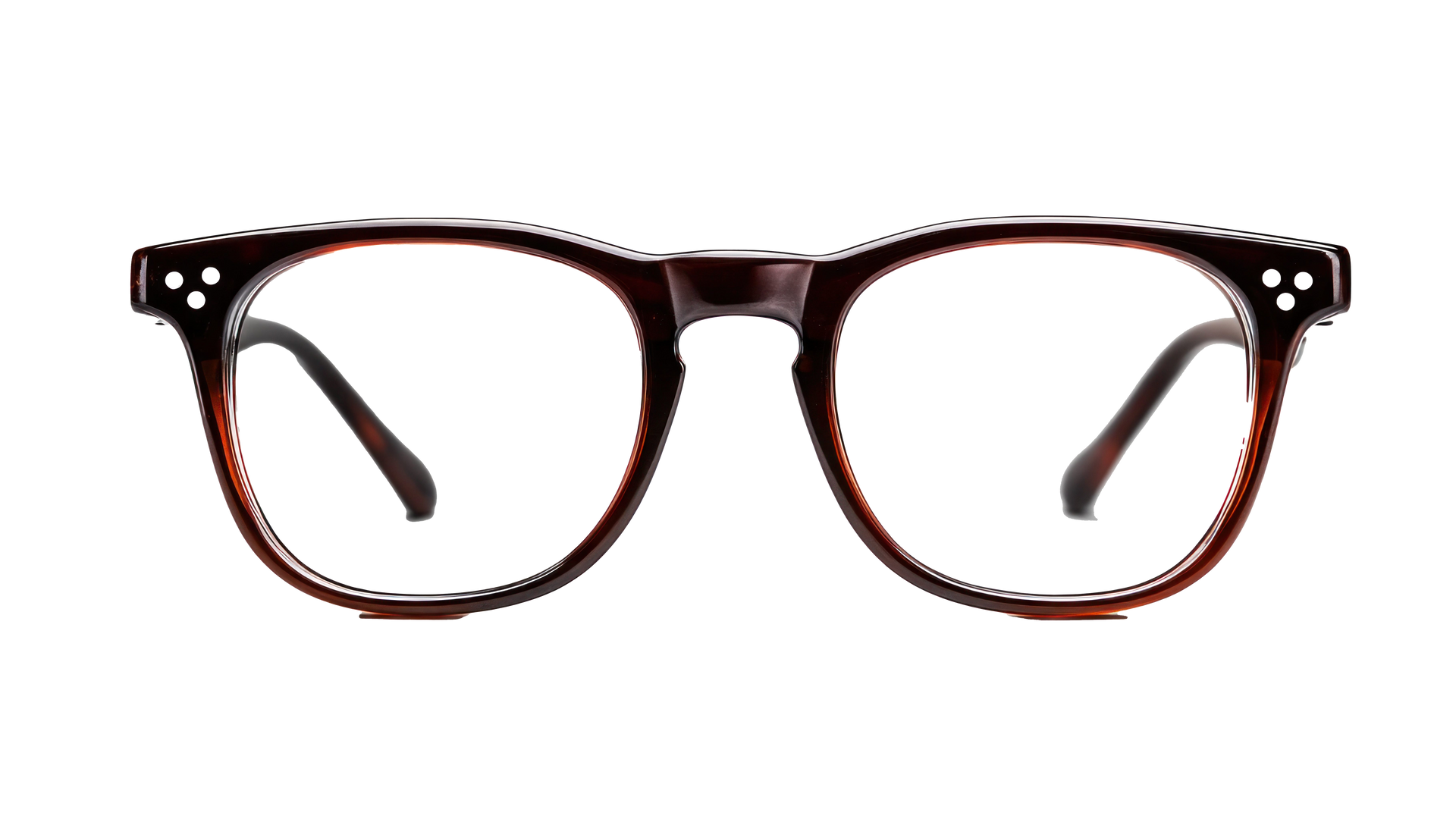 Tortoiseshell glasses with a rounded frame and three-dot silver rivets on each upper corner. Tortoiseshell glasses with a rounded frame and three-dot silver rivets on each upper corner.