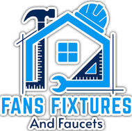 Fans Fixtures and Faucets logo with blue house, tools, and hard hat icon