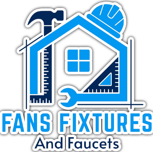 Fans Fixtures and Faucets logo with blue house, tools, and hard hat icon