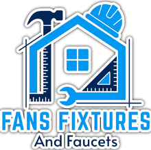 Fans Fixtures and Faucets logo with blue house, tools, and hard hat icon
