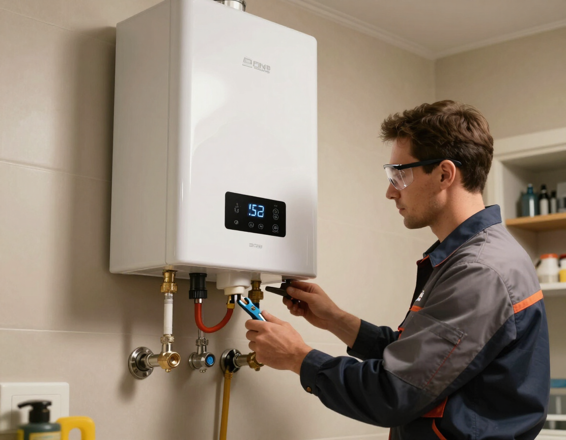 Professional technician installing a tankless water heater