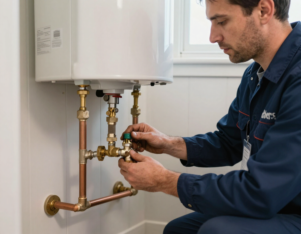 Licensed technician installing water heater in Geneva home