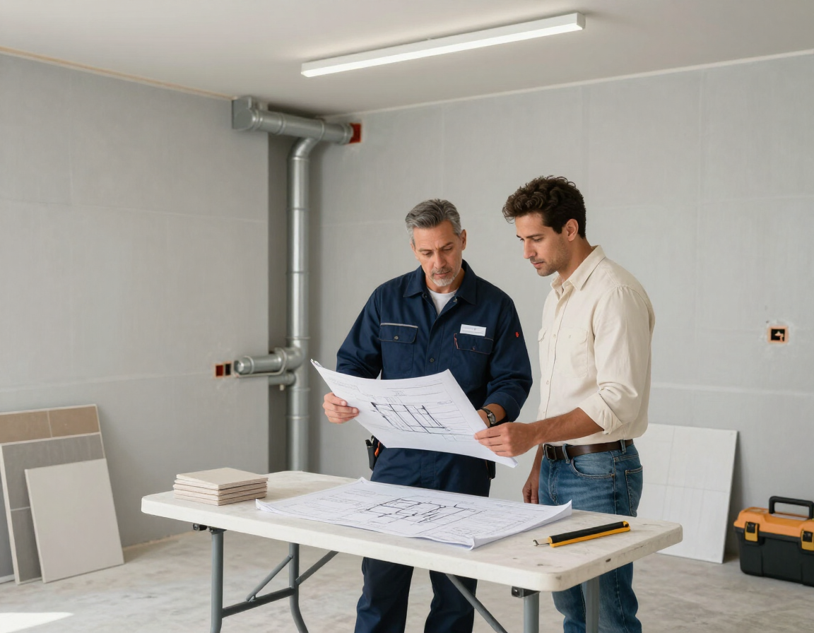 Plumber reviewing installation plans with homeowner