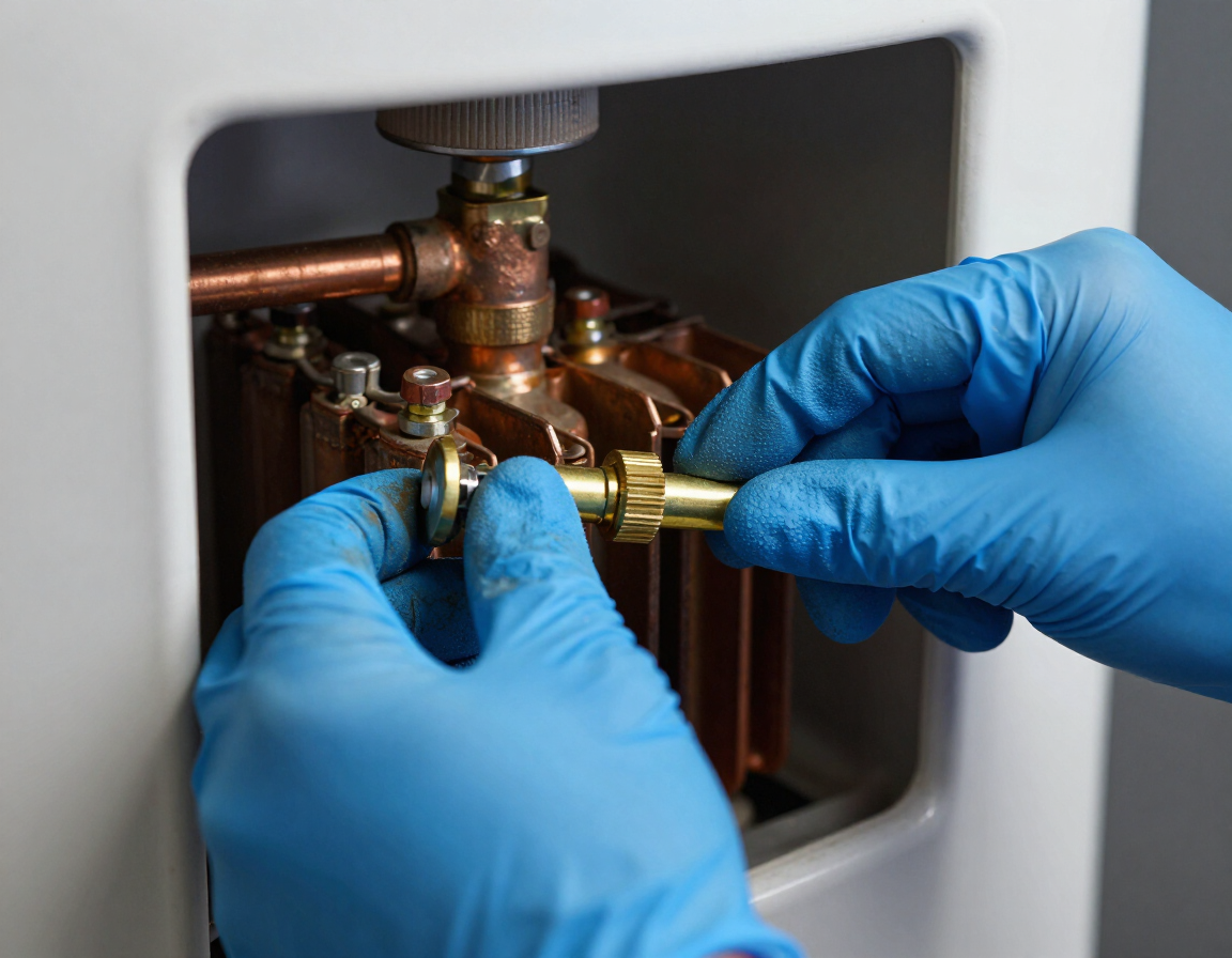 Technician replacing water heater heating element
