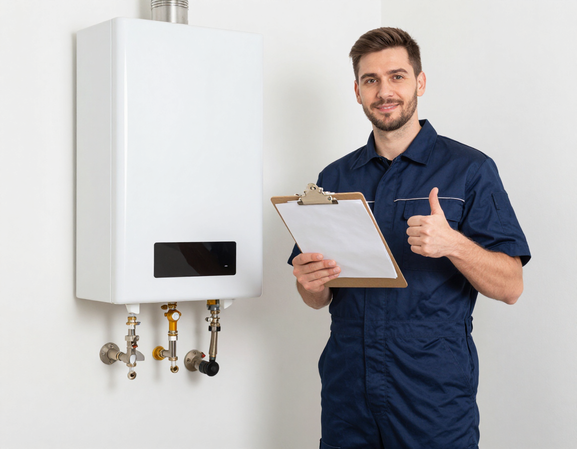 Technician giving thumbs up next to repaired water heater