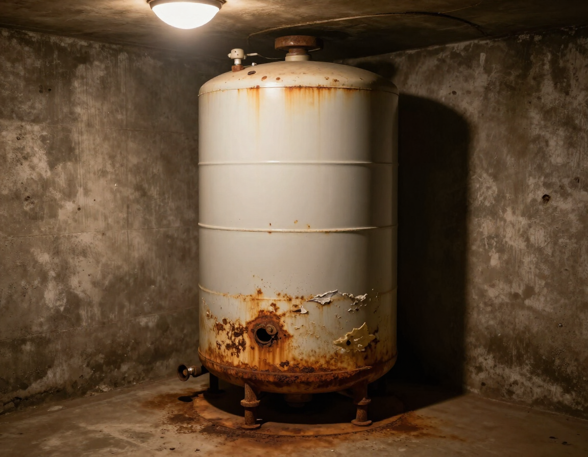 Aging tank water heater showing corrosion and sediment buildup