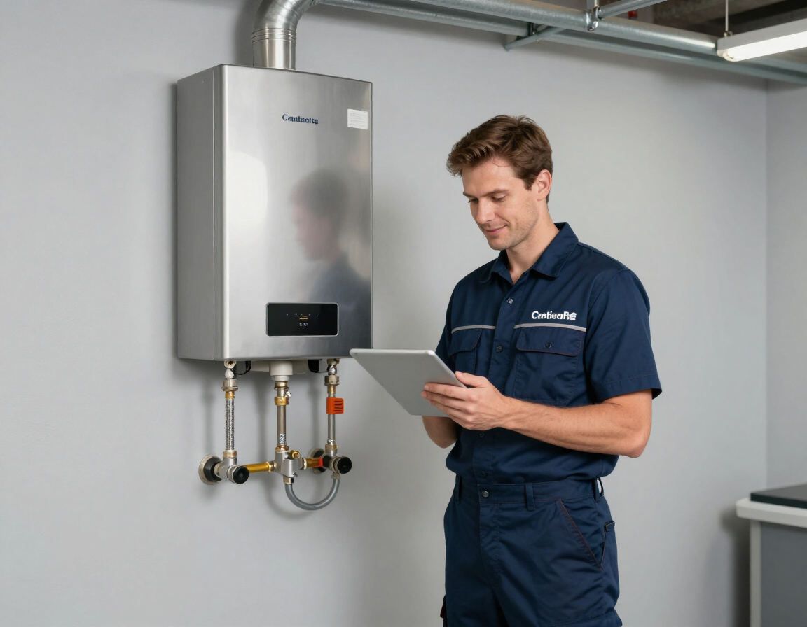 Licensed technician consulting tablet next to freshly installed tankless water heater