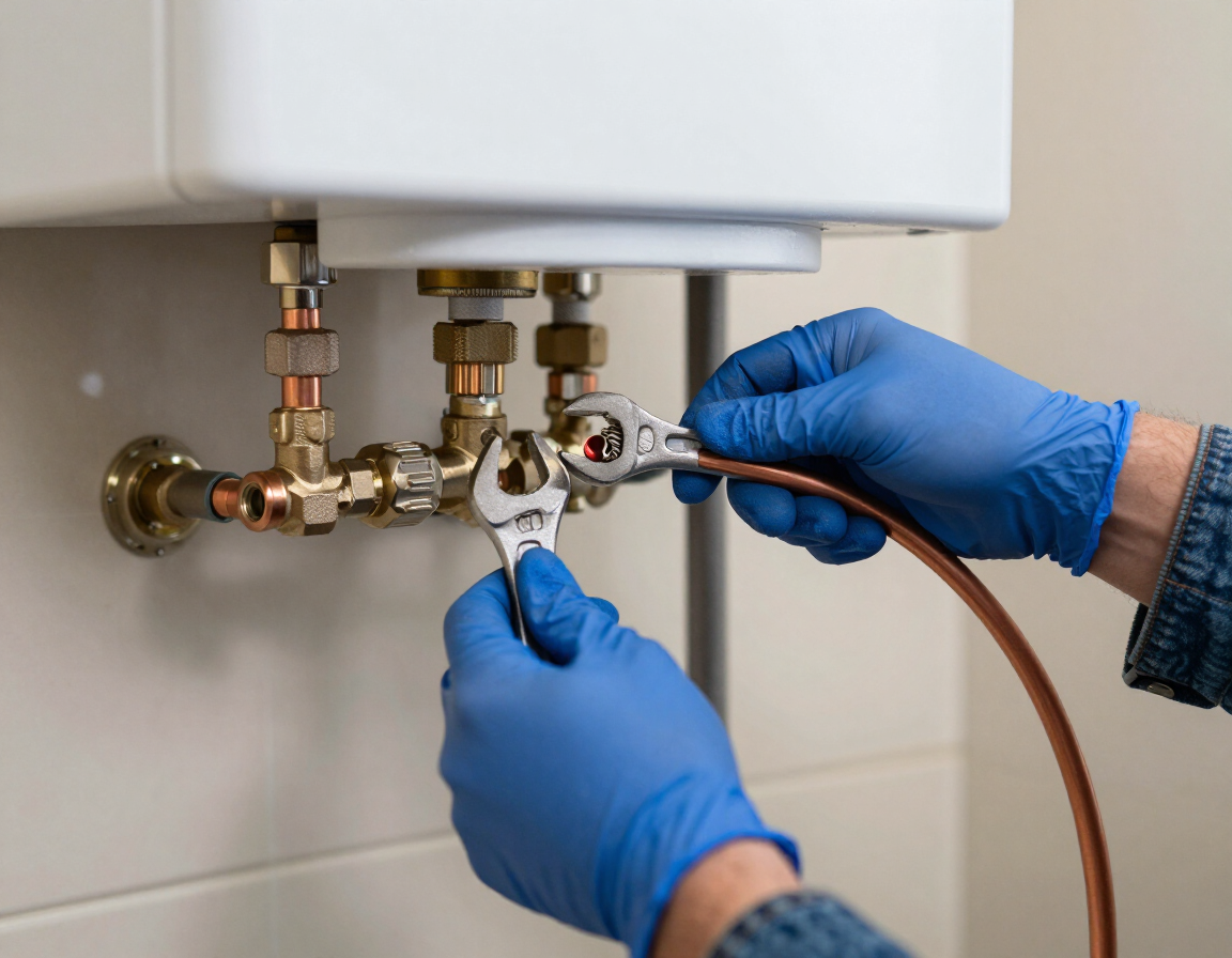 Technician connecting supply lines to new water heater
