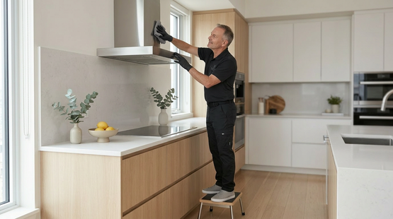 Man in black cleaning wooden floor with a mop in a bright living room.
