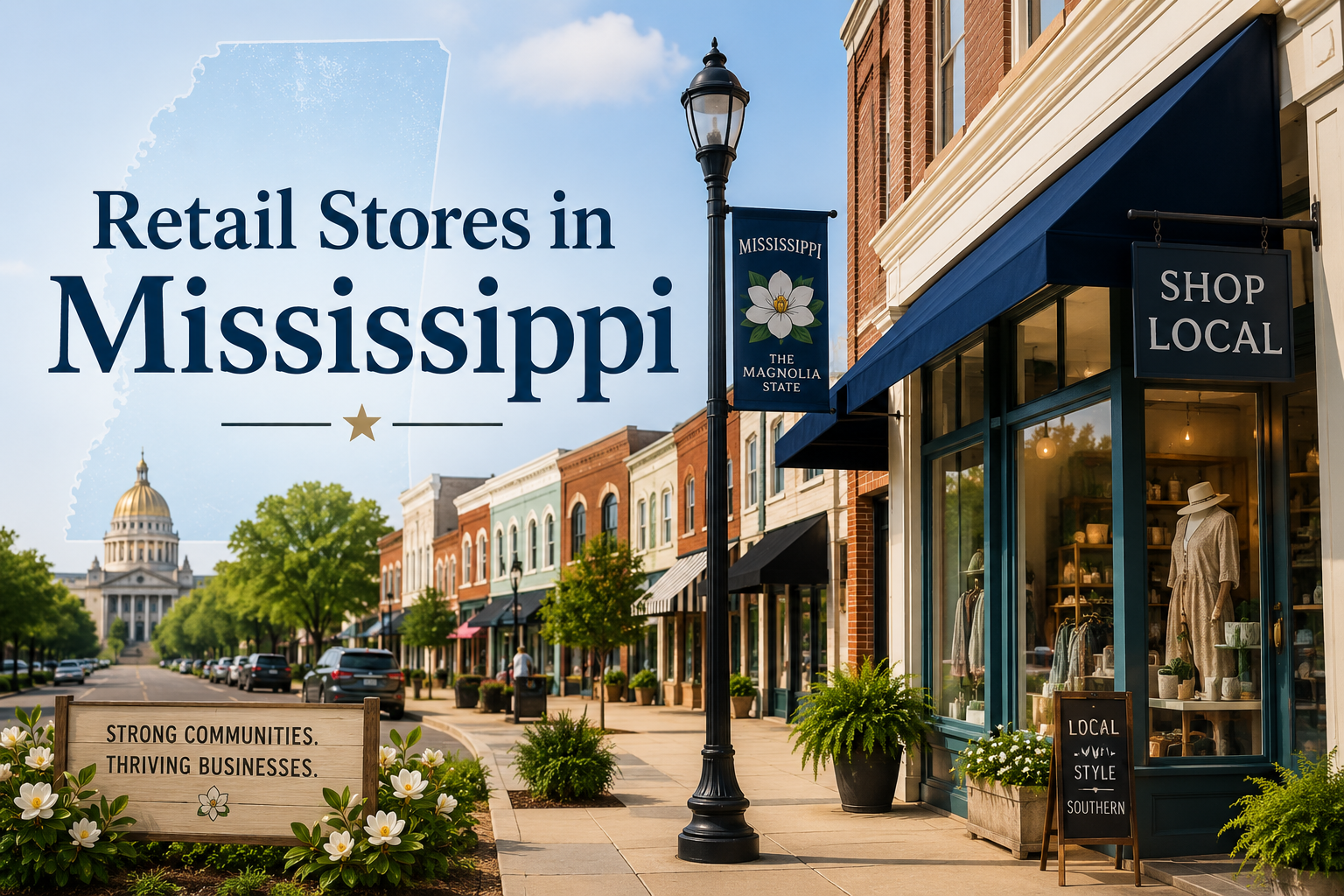 Retail stores in Mississippi on a sunny historic main street with storefronts and a lamppost