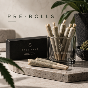 Cannabis pre-rolls displayed with Tree Haus Boutique packaging
