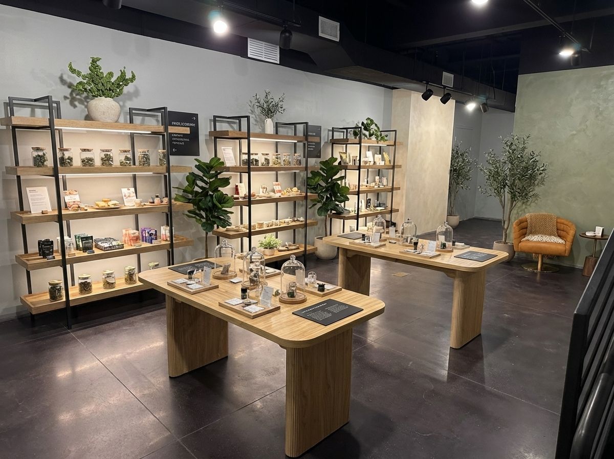 Modern boutique interior with wooden display tables, shelves of home goods, and a small seating area