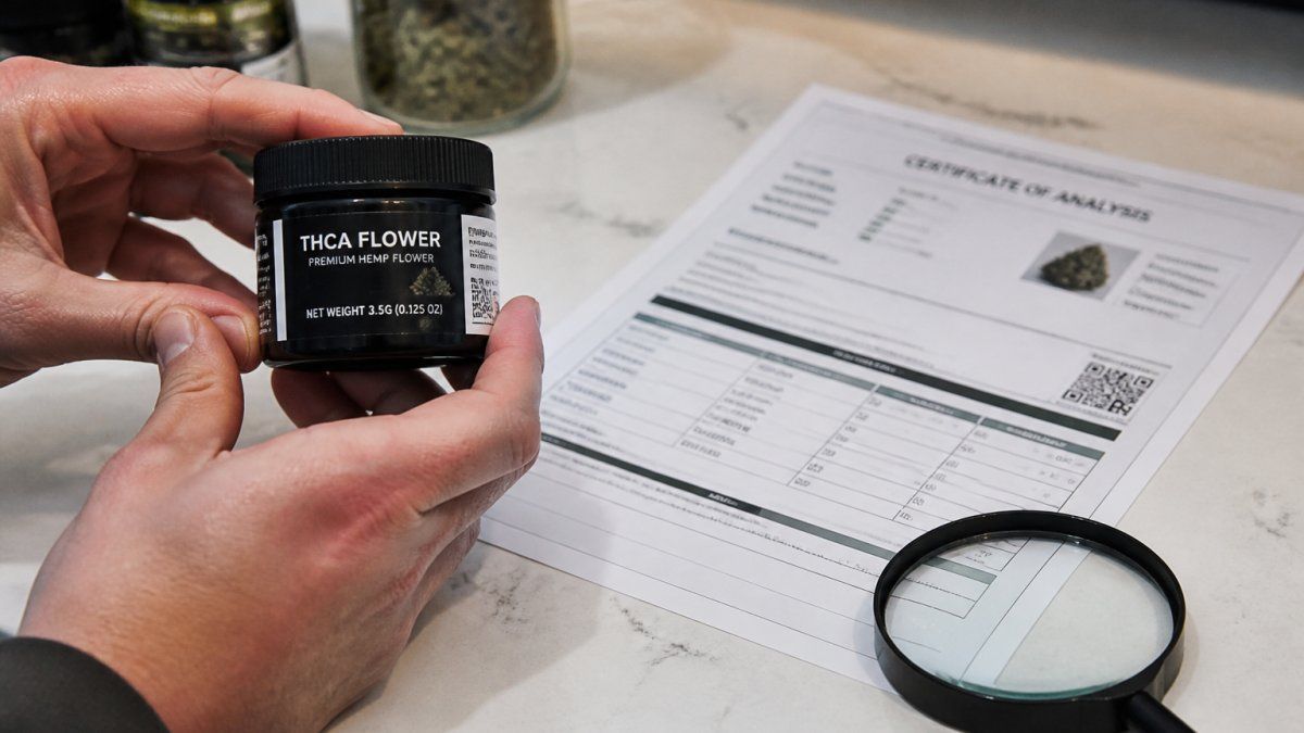 Close-up of hands holding a THCA flower product label next to a printed certificate of analysis on a clean countertop, with a magnifying glass nearby to suggest scrutiny of lab results