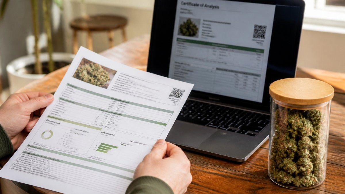 Close-up of hands holding a printed lab report next to a laptop showing a Certificate of Analysis on screen, with a jar of hemp flower on a wooden table in warm natural light